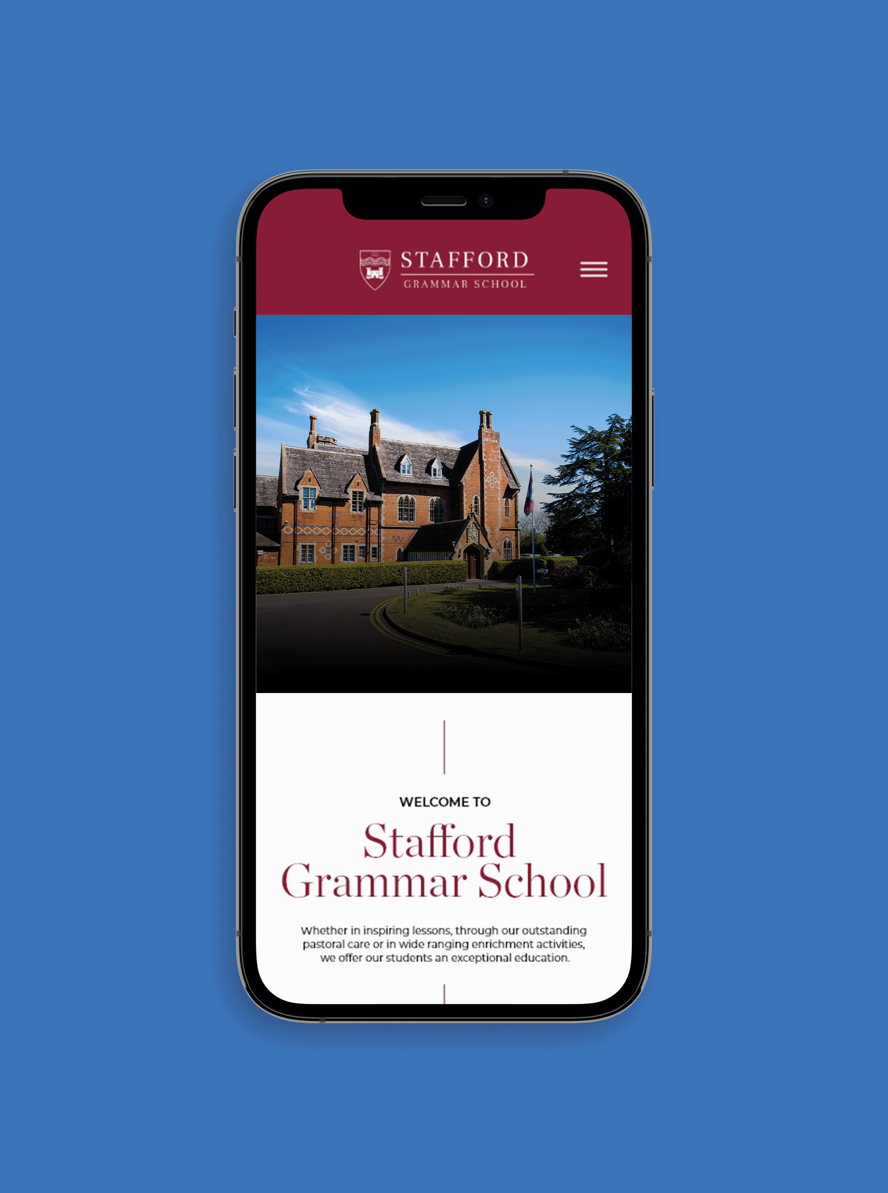 Stafford Grammar website on mobile designed by Chase Creative