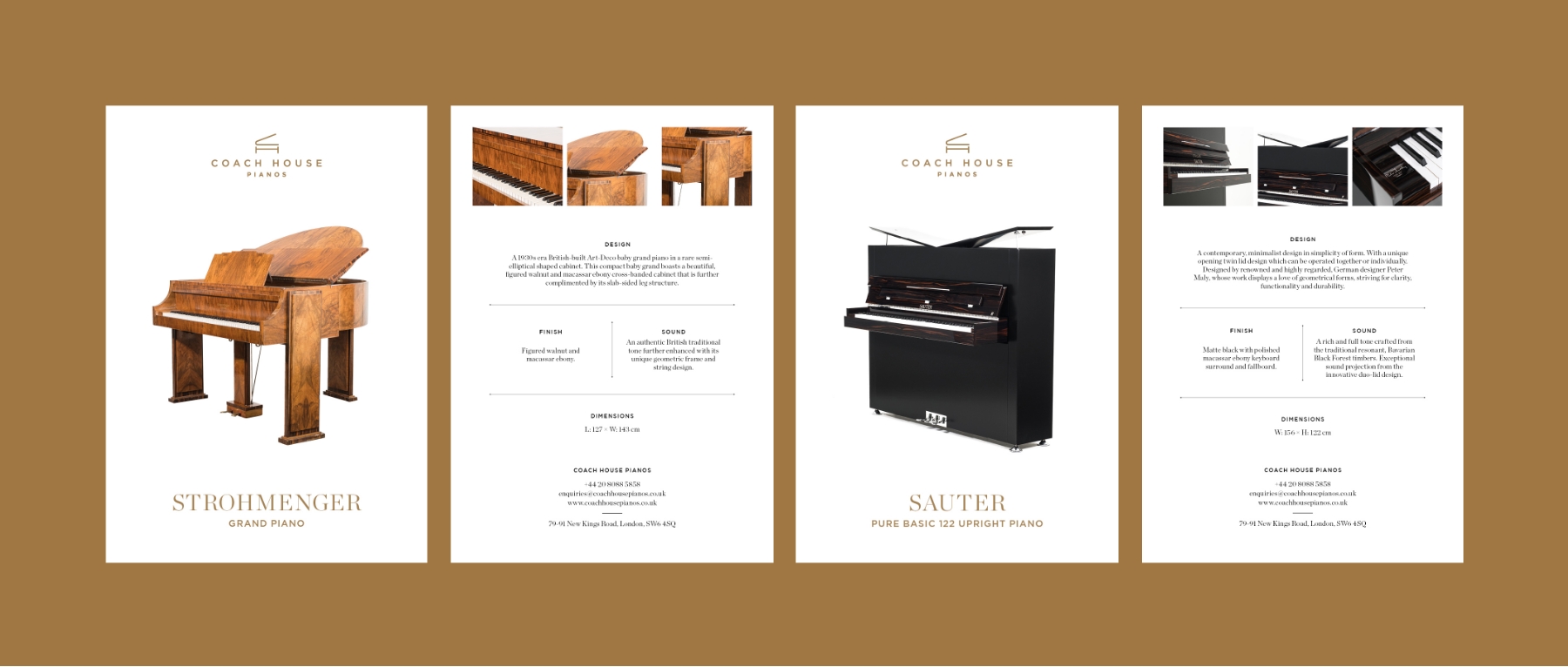 Piano product postcards designed by Chase Creative for Coach House Pianos