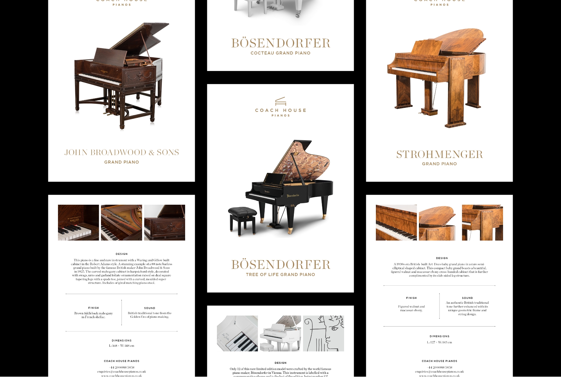 Piano product postcards designed by Chase Creative for Coach House Pianos